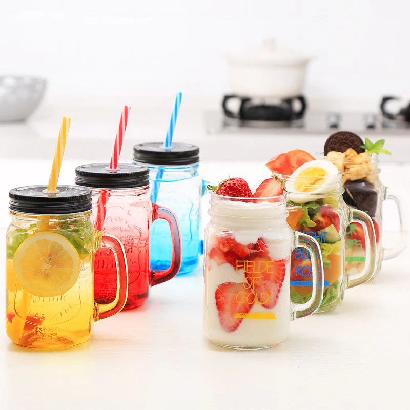 

450ml Glass Mason Jar Mug with Lid and Straw Summer Ice Cream Fruit Cold Drinking Water Jars Juice Cup