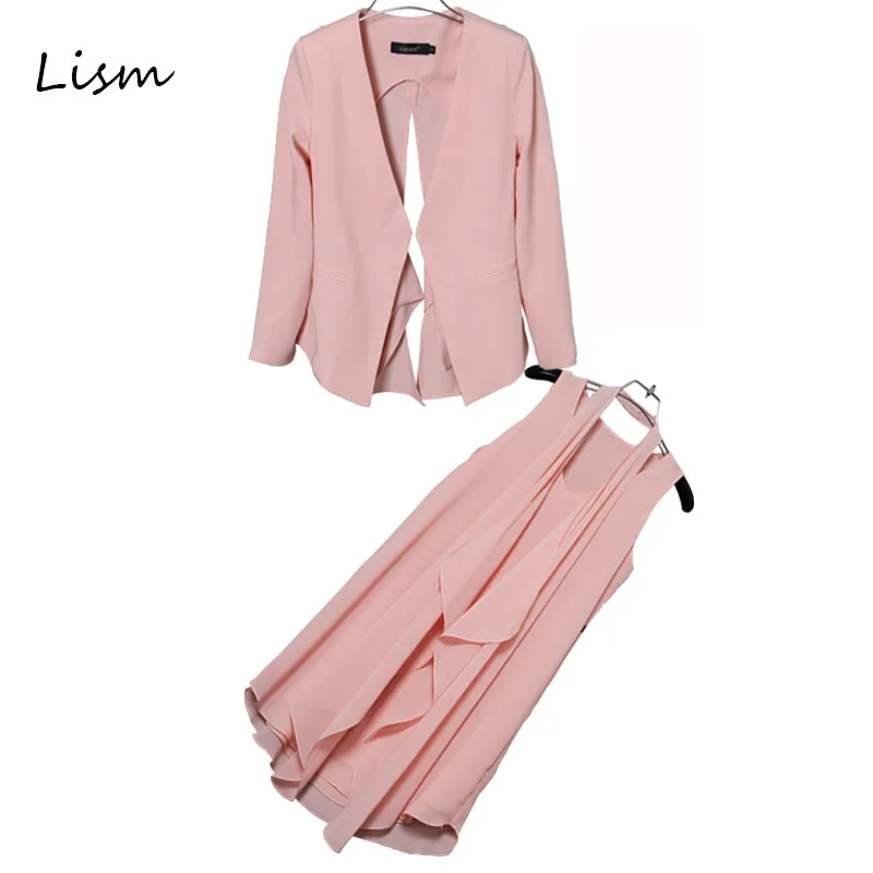 

LISM 2019 Summer Two Piece Set Sleeveless A Line Mini Dress+V Neck Hollow Out Blazer Jacket Work Fashion Female Pink Outfit