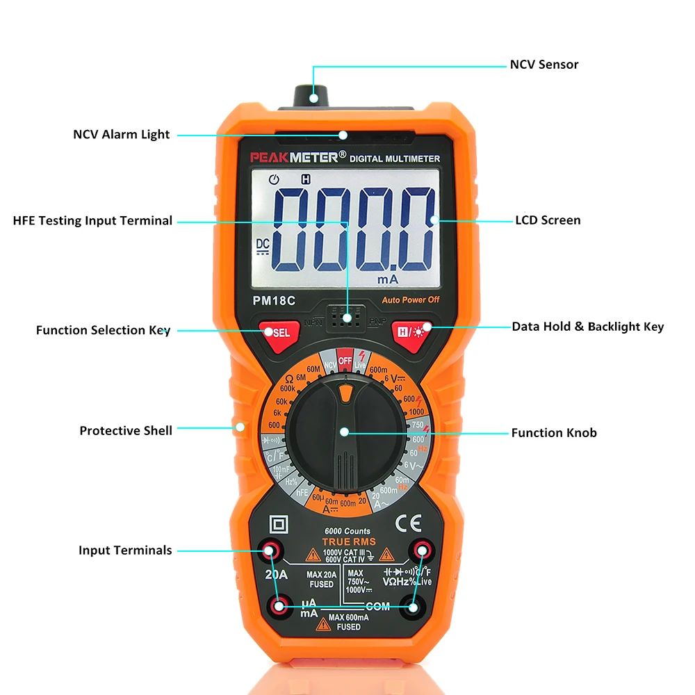 PEAKMETER PM18C RMS Многофункциональный цифровой мультиметр Измерение напряжения тока Сопротивление Емкость Частота