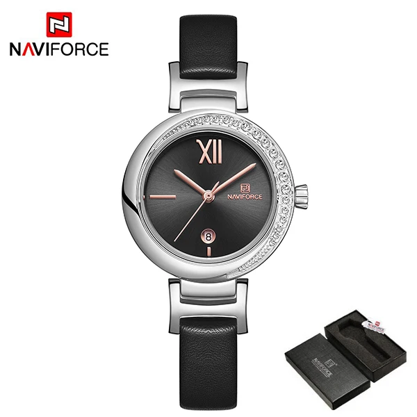 NAVIFORCE роскошный бренд со стразами женские кожаные кварцевые часы для дам Наручные часы браслет часы подарок Montre Femme - Цвет: BlackBox