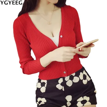 

YGYEEG New Women Sweaters Ladies Short Paragraph Long-sleeved Slim V Neck On The Shawl Knit Cardigan Jacket Women Sweater Women