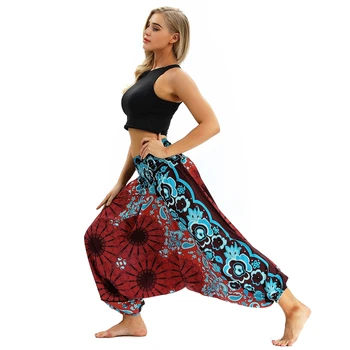 

EU Size Red&Blue Flower Workout Bloomers Womens Pants Lounge Pant Boho Dance High Waist Elastic Lantern Leggings Wide Leg Pants