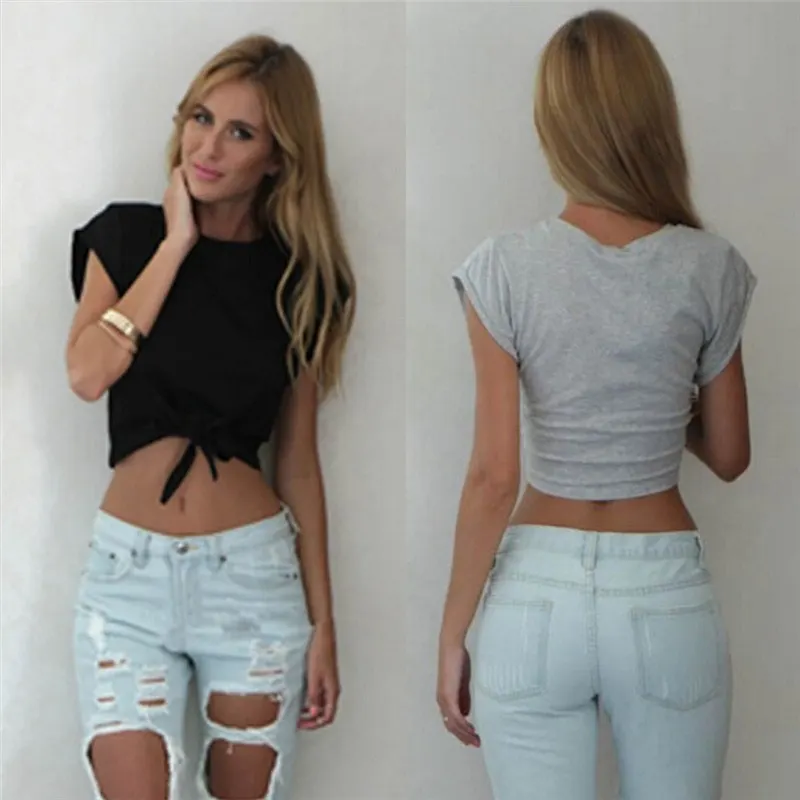 1PCS Chic Women Knotted Tie Front Crop Tops Cropped T Shirt Casual Tanks camis