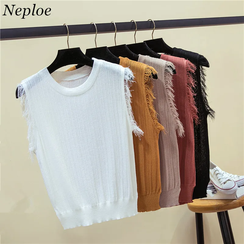 

Neploe Newly Fashion Sleeveless Tassel Blusas Women Knitwear 2019 Summer Korean Slim Solid Blouse Casual O-Neck Tank Top 67367