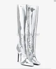 Christmas Gift Women Knee High Boots Matellic Mirror Leather Boots Silver Pointed Toe Thin High Heels Party Shoes for Women