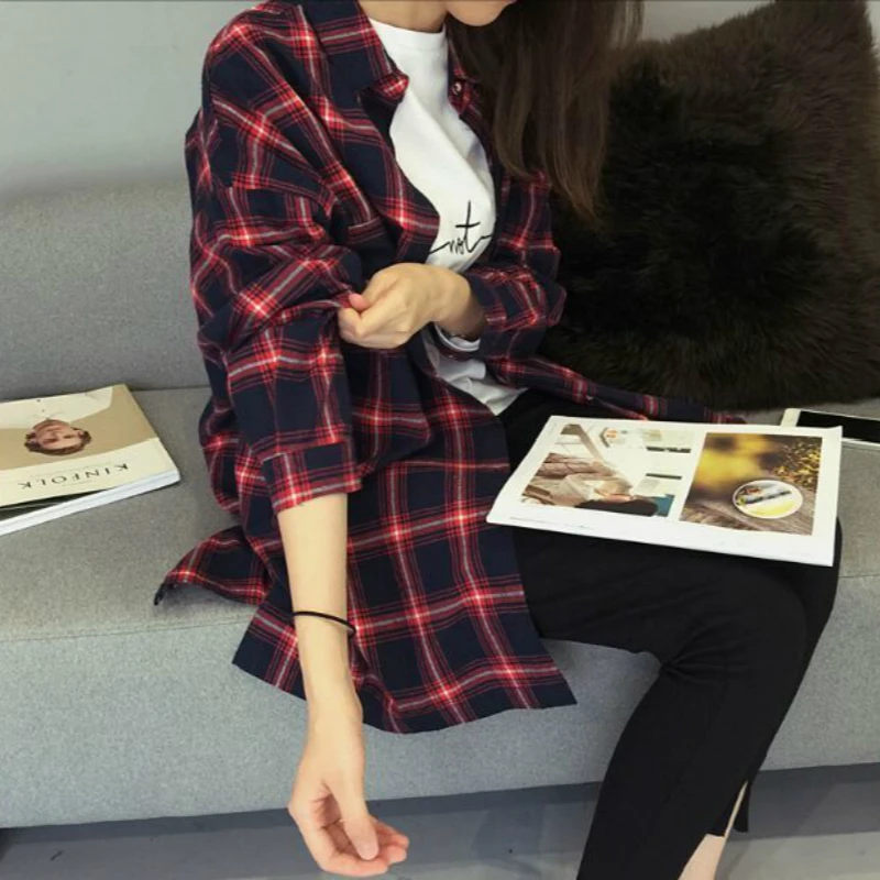 

Mazefeng 2019 New Spring Women Casual Shirts Streetwear Vintage Style Women Shirts Plaid Ladies Loose Long Style Shirts Fashion