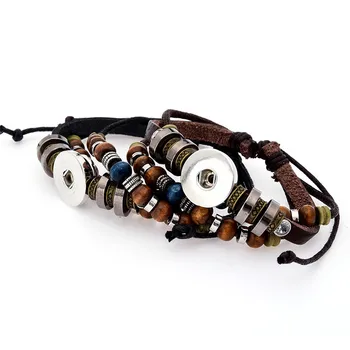 

12pcs/lot Black & Brown Tibetan Men Pu Leather Wooden Beads Metal Diy 18mm Snap Button Bangles Vintage Snap Jewelry