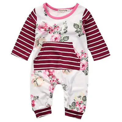 Новорожденных Одежда для детей; малышей; девочек цветочные Ползунки с длинным рукавом полосатый комбинезон одежда Комбинезоны для малышек