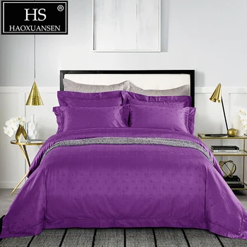

HS Luxury Queen King Size Purple Jacquard 4pcs Comforter Bedding Sets 100S High-Density Bed Linen Set 100% Cotton Double Bet Set