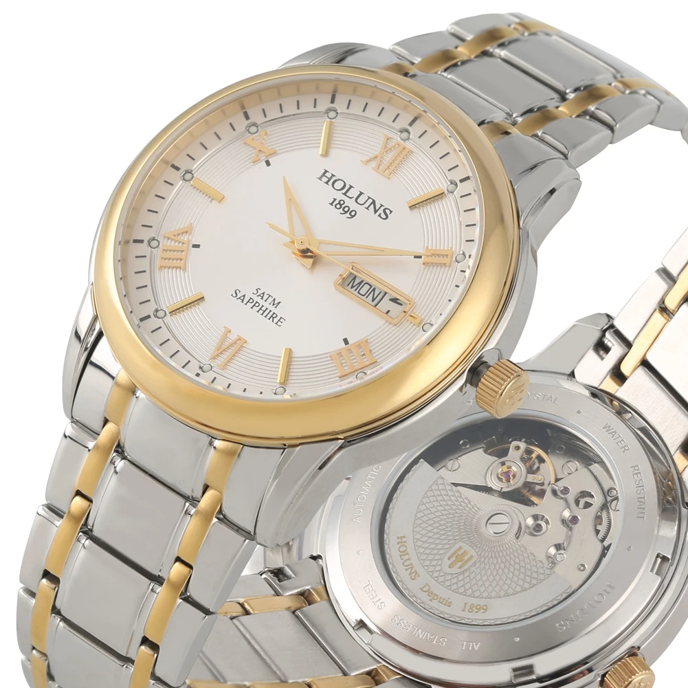 Relógio Masculino Automático Relógio Mecânico Clássico Esqueleto de Aço Inoxidável Numerais Romanos Ouro Dial Relógio de Pulso - Image 5