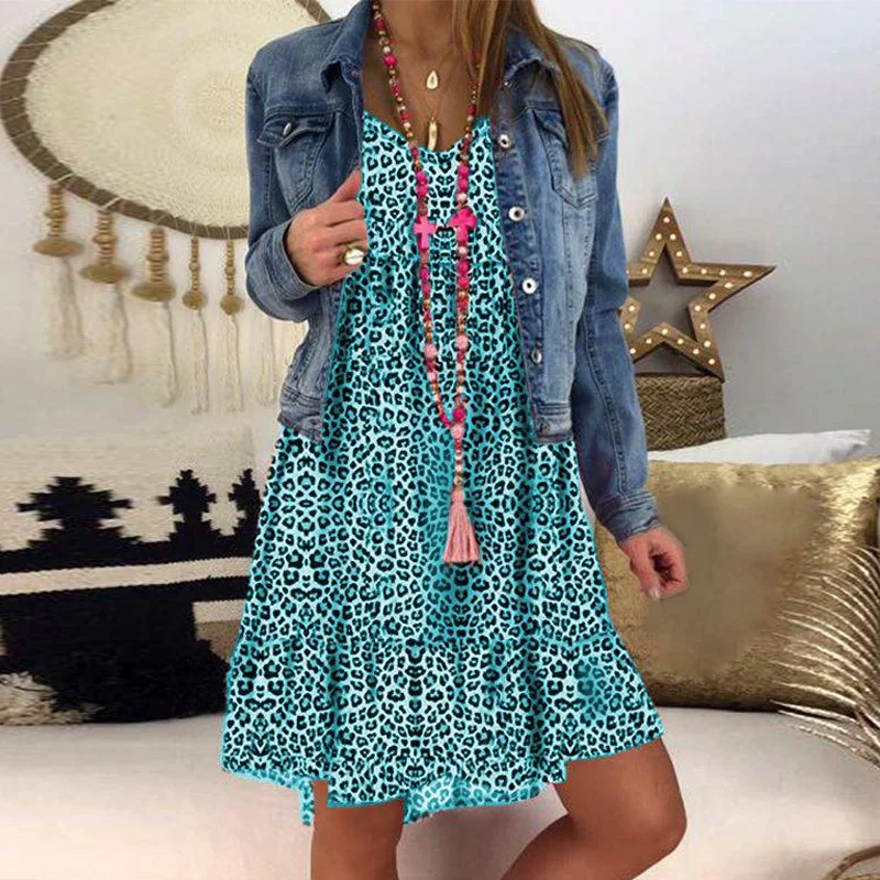 

Womens Dress Leopard Printed Summer Dresses Casual V-neck Short Sleeve Large Hem Ruffles Mini Dress