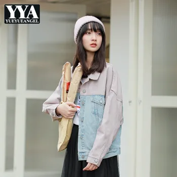 

Spring Fall Female Vintage Coat Two Color Patchwork Lapel Single Breasted Frayed Vintage Preppy Style Loose Women Jeans Jacket