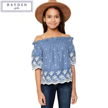 HAYDEN Girls Off Shoulder Cotton Blouses Kids Floral Embroidery Ruffle Blouse Shirt Child Shoulderless Tops Casual Chemise