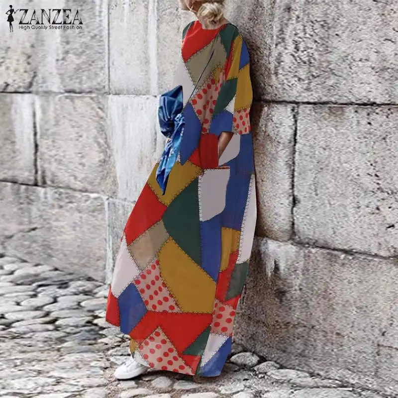 ZANZEA 2019 المرأة الصيف فستان الشمس البوهيمي ماكسي لونغ اللباس خمر طباعة فضفاض جيوب Vestidos الشاطئ حزب قفطان رداء فام