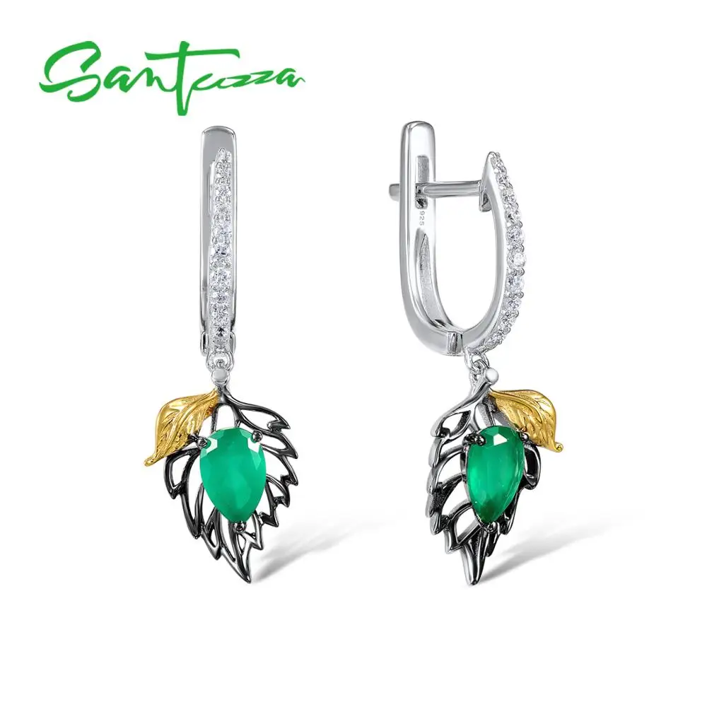 Cena SANTUZZA 925 Sterling Silver gruszka zielony agat spadek kolczyki biżuteria okrągły biała cyrkonia typu kostka wiszące kolczyki kobiet dla kobiet