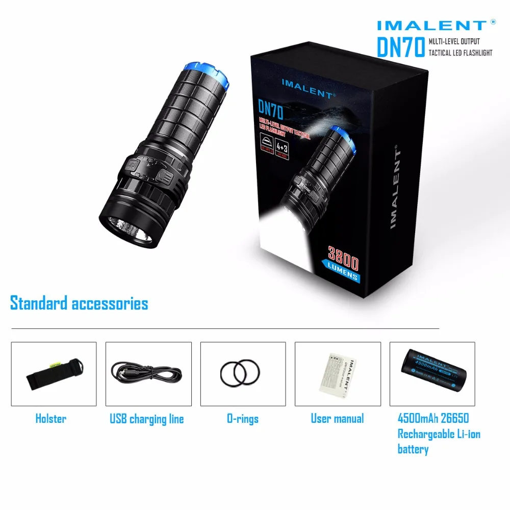 

IMALENT DN70 LED Flashlight 800 Lumen CREE XHP70 Torch Flashlight OLED display with 26650 4500mAh battery for Campping