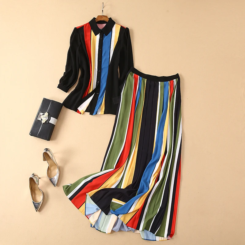 

HIGH QUALITY Newest 2019 Fashion Designer Runway Suit Set Women's Long Sleeve Colorful Striped Blouse Shirt Long Skirt Set