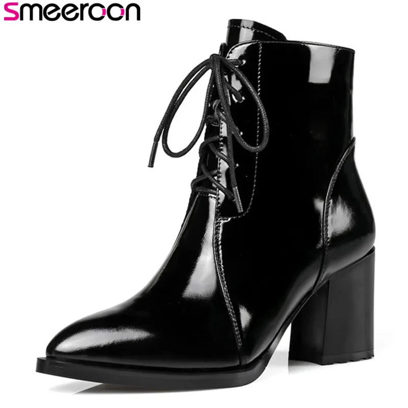 

Smeeroon zip+cross tied pointed toe autumn winter boots for women cow genuine leather boots high heels ankle boots prom shoes