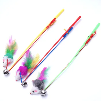 

New Kitten Cat Toy Mouse On A Rod Teaser Bell Feather Play Pet Dangler Wand