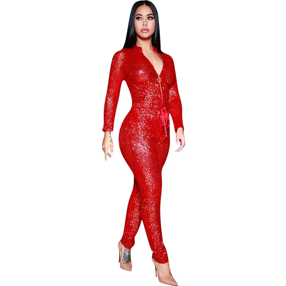 

Plus XXXL Size Women's Red sliver sequin jumpsuit party costume loose two-piece suit jumpsuit rompers tracksuit Bodycon Playsuit