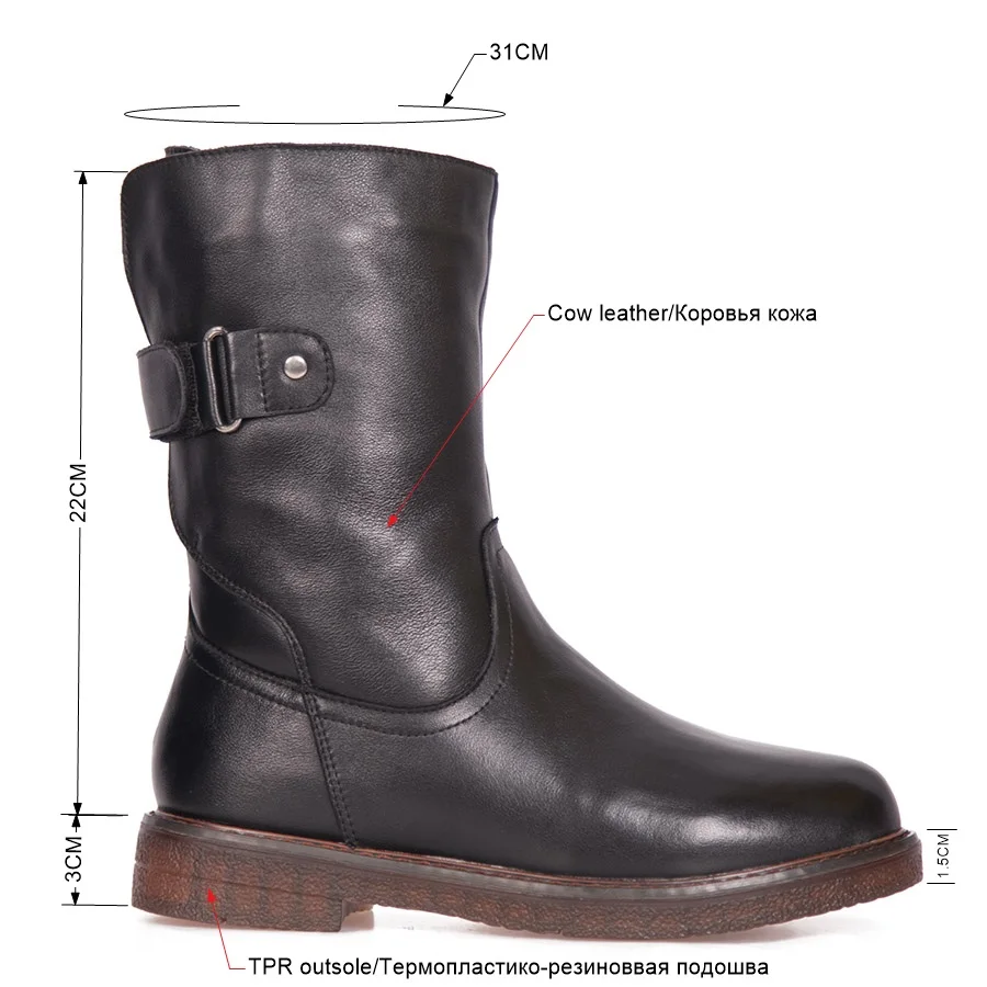 BELISS warm boots winter fur mid calf cow genuine leather 2018 casual comfortable flats boot for women handmad (10)