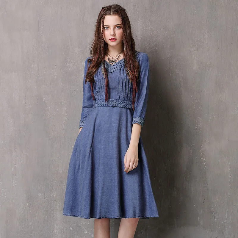 

2019 spring summer autumn V-neck sleeves denim women's retro lace belt lace dress famous brand solid color women clothing