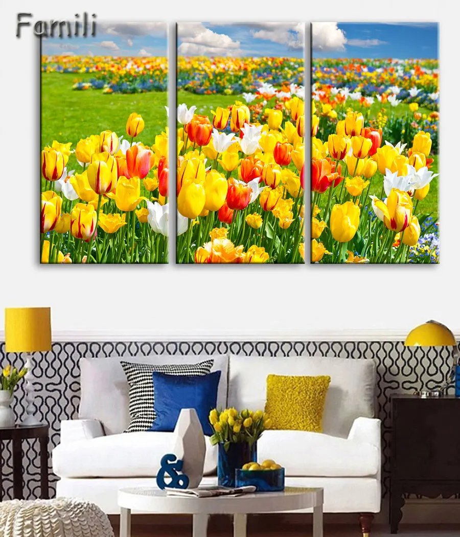 

No Frame pictures 3PCS Modular Wall Picture Art Painting Of Roses Tulips Print On Canvas Paintings Posters Living Room Bedroom