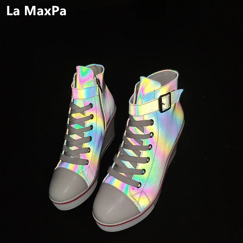 

Spring summer Luminous high-top shoes Discolored canvas Wedges Lace-up zipper casual shoes Round head women shoes