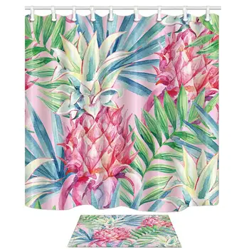 

Exotic Garden Plant Decor Pineapple with Palm Leaves Mildew Shower Curtain Suit With Floor Doormat Bath Rugs