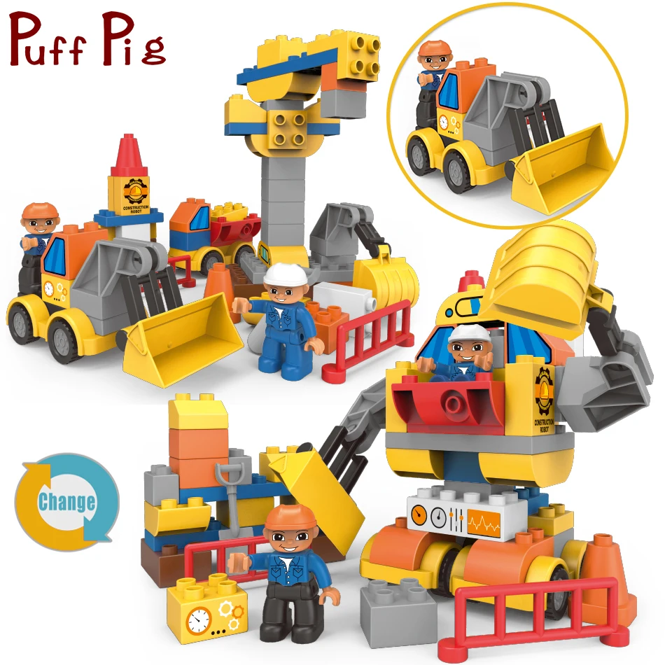 

63PCS Engineer Vehicle Transform Robot Creative DIY Big Size Building Blocks Figures Compatible Legoed Duploe City Cars Bricks
