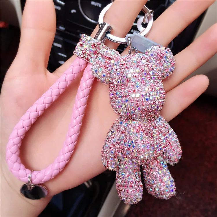 

2019 New Luxury Handmade Rhinestones Crystal Bear Keychain Leather Tassel Car Keychain Keyring Key Chain Jewelry Gifts