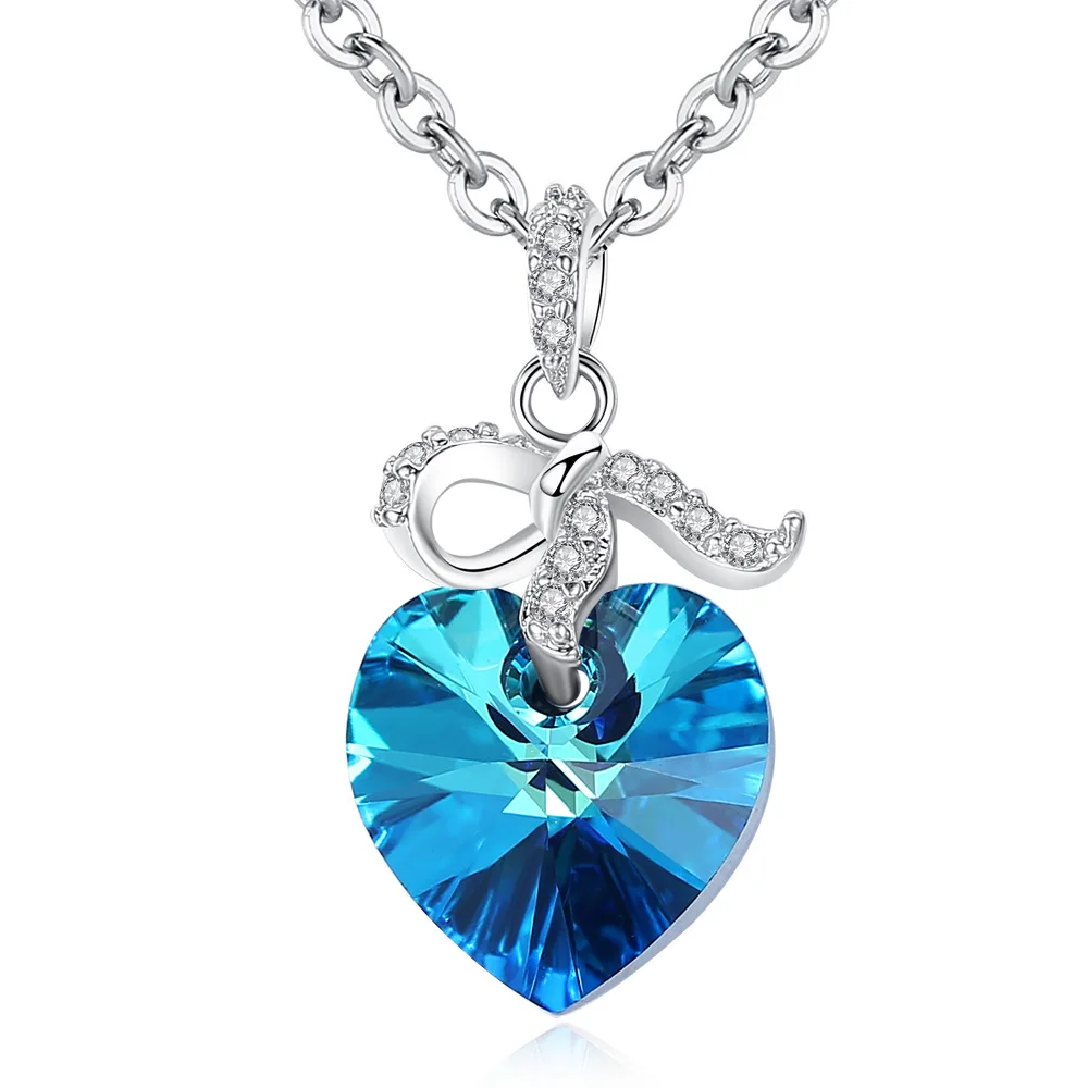 New Arrival Romantic Blue Heart Pendant Necklace Silver Plated Crystal