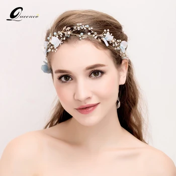 

Tiara Blue Flower Wedding Headband Crystal Leaves Bridal Hair Accessories Handmade Hair Jewelry Women Party Hair Ornaments