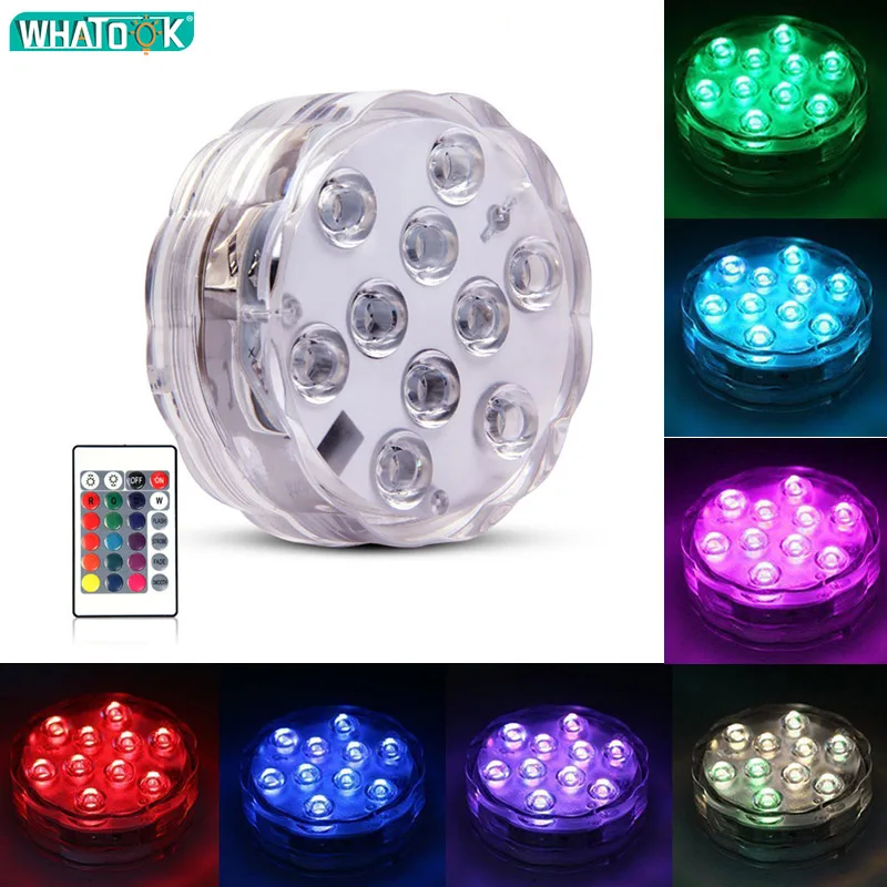 10led RGB светодиодный подводный светильник для пруда, погружной, IP67, водонепроницаемый, с железом, светильник для бассейна, на батарейках, для свадебной вечеринки