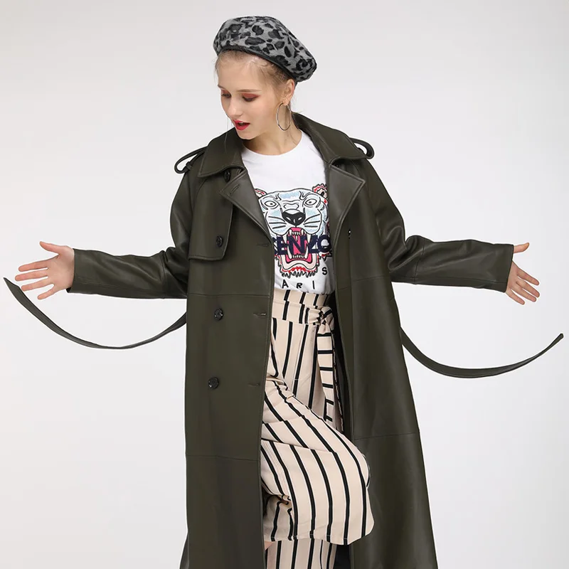 Maylofuer Lady Sheepskin Genuine Leather Jacket Women Real Leather Long Coat with Belt Army Green