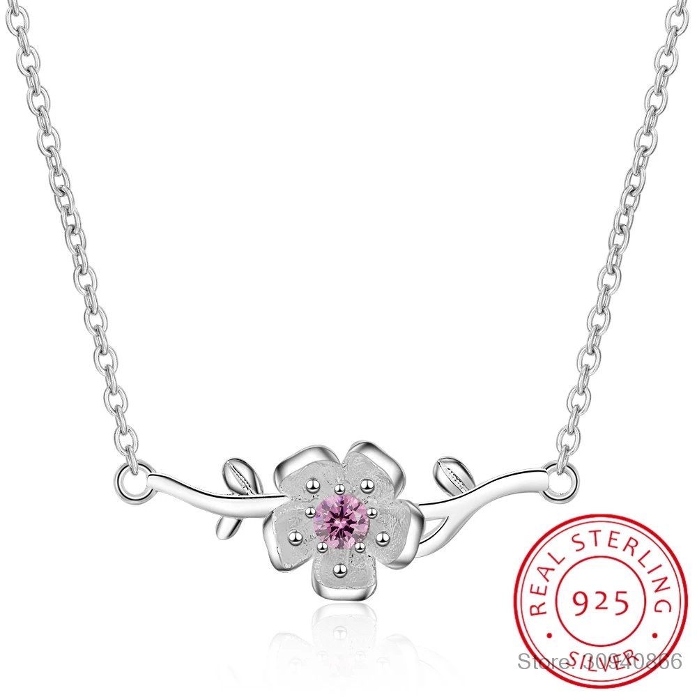

New Fashion 925 Sterling Silver Pink Zirconia Blossom Cherry Flower Branch Pendant Necklace For Women choker