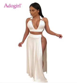 

Adogirl Pearls Accent Women Sexy Two Piece Set Deep V Neck Halter Bra Top Side High Slit Maxi Skirt Club Outfits Party Dress