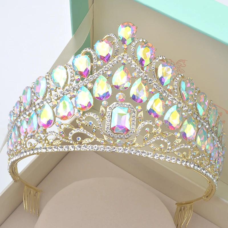 Роскошная винтажная Серебряная свадебная корона AB, свадебная тиара из сплава в стиле барокко, Королевская корона, Стразы золотого цвета, полукруглая тиара, Корона