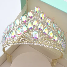 Роскошная винтажная Серебряная свадебная корона AB, свадебная тиара из сплава в стиле барокко, Королевская корона, Стразы золотого цвета, полукруглая тиара, Корона