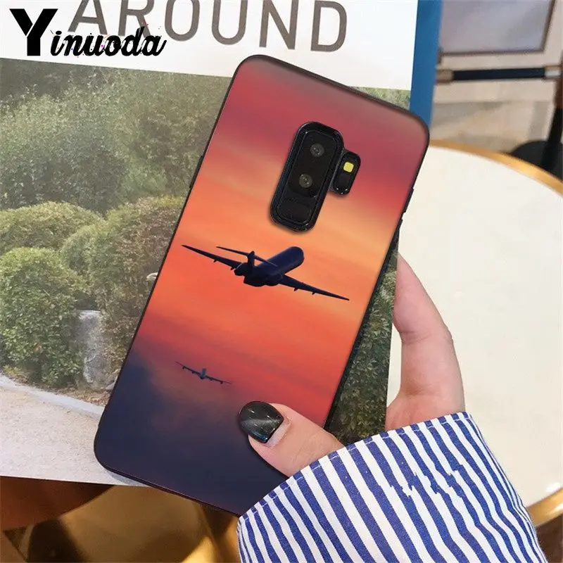 Airplane travel in the sunset