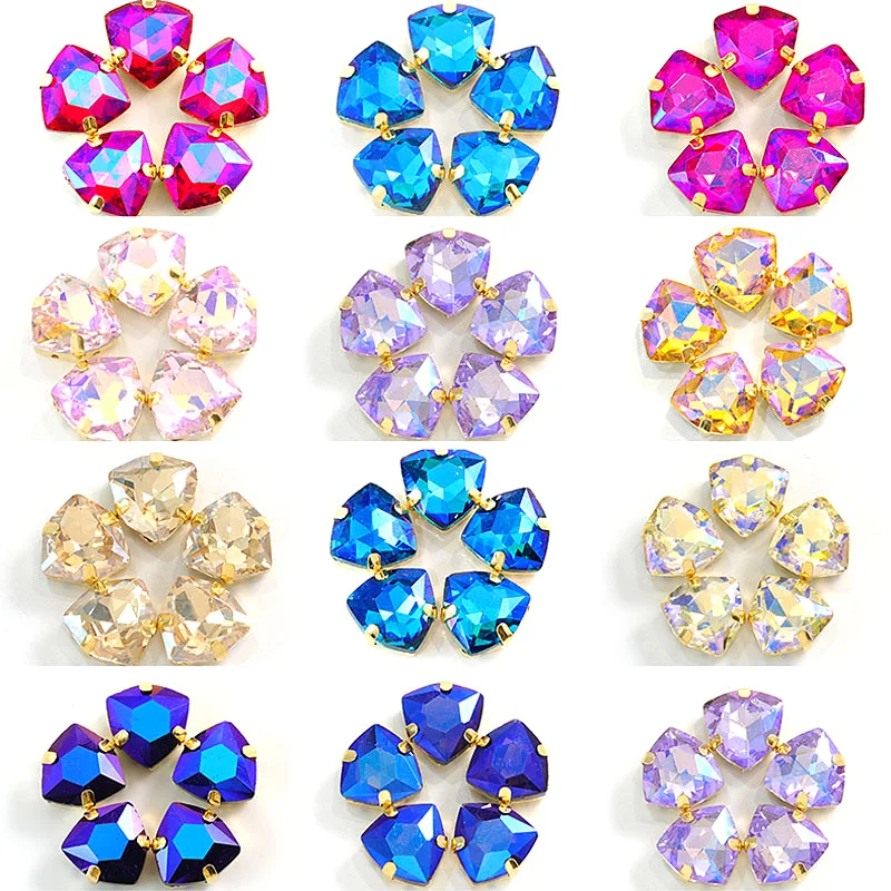 

12mm Fat Tri-angle Glass Crystal AB Sew On Rhinestone With Claw MultiColors Sew On Claw Rhinestone For Wedding Dress B3706