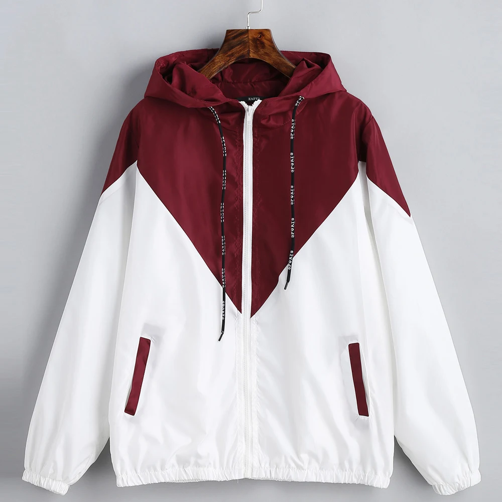 

2018 Spring Autumn winter Fashion Hooded Two Tone Windbreaker Jacket Zipper Pockets Casual Long Sleeves Feminino Coats Outwear