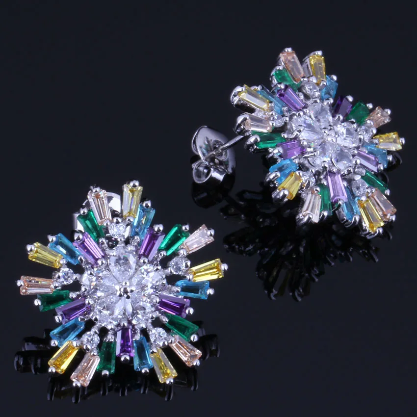 

Cute Snowflake Multigem Multicolor Brown Cubic Zirconia White CZ 925 Sterling Silver Stud Earrings For Women V0848