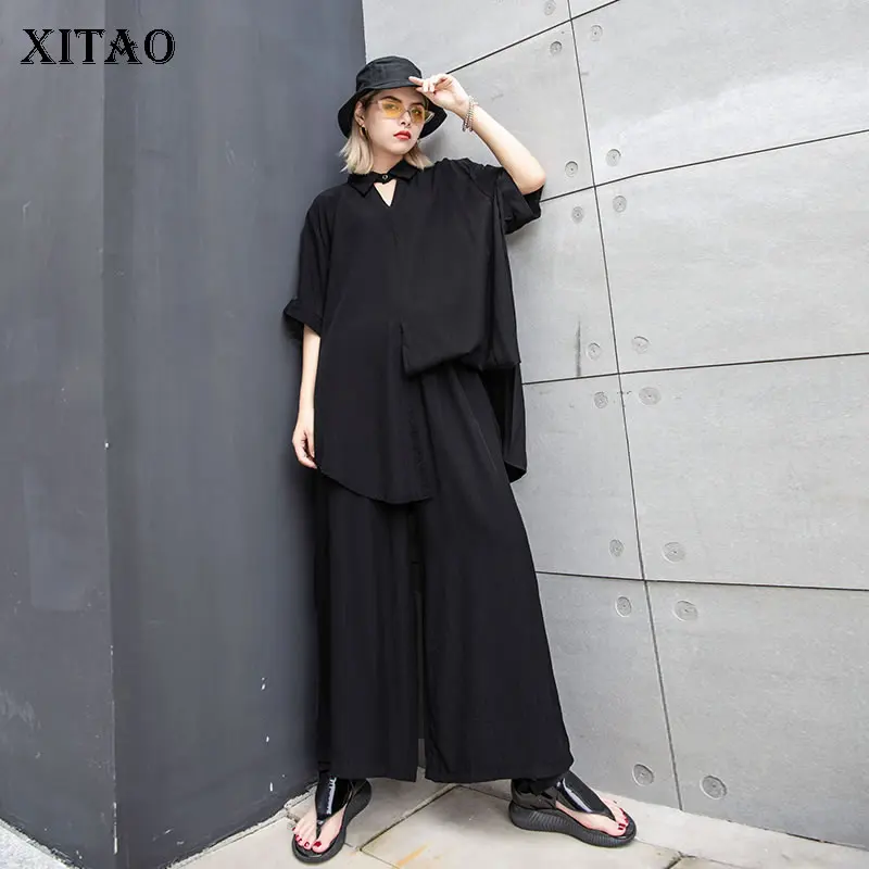 

[XITAO] 2019 New Europe Casual Top Short Sleeve Turn-down Collar Solid Color Bottom Elastic Waist Full Length Pants ZLL3623