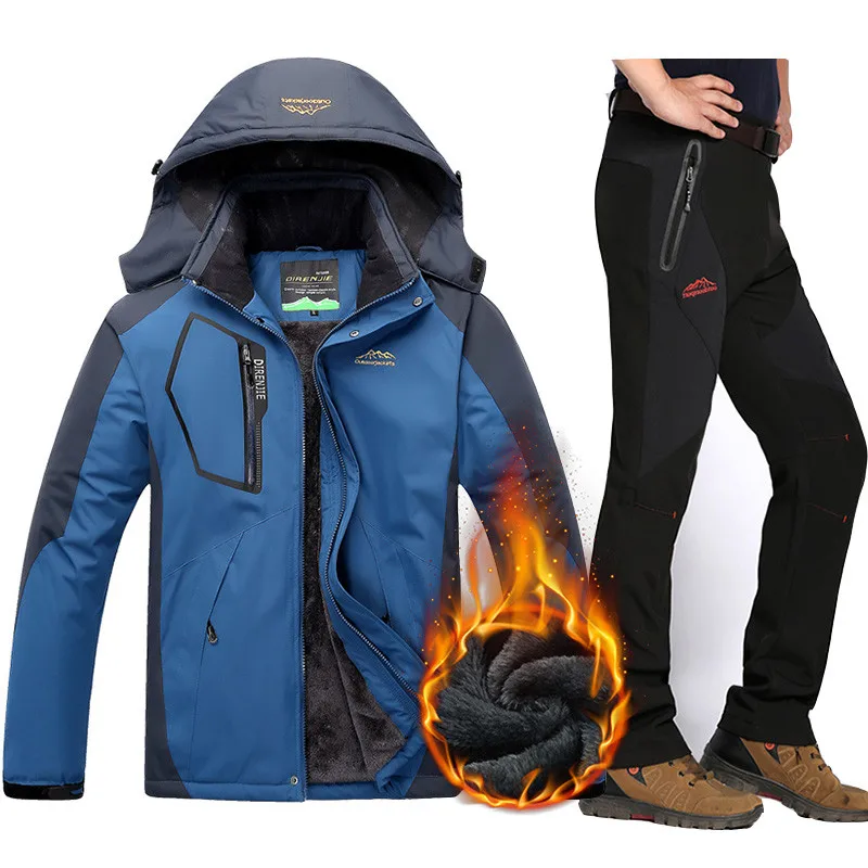 Лыжные костюмы для мужчин, водонепроницаемая флисовая зимняя куртка, брюки, термо лыжные куртки для мужчин, уличная одежда для горного сноуборда, комплект размера плюс - Цвет: Demin blue     Black
