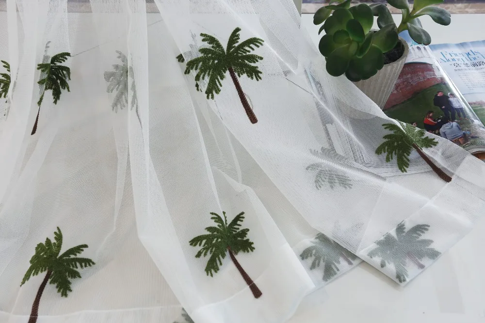 Simple Modern Coconut Tree Screen Embroidery Sheer Voile Window Drapes for Living Room Door Lace Curtains A966 (23)