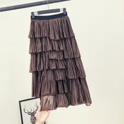 2019 Весна новое поступление нерегулярная юбка корейский стиль фея сплошной цвет плиссированная юбка Милая Высокая талия многослойная юбка