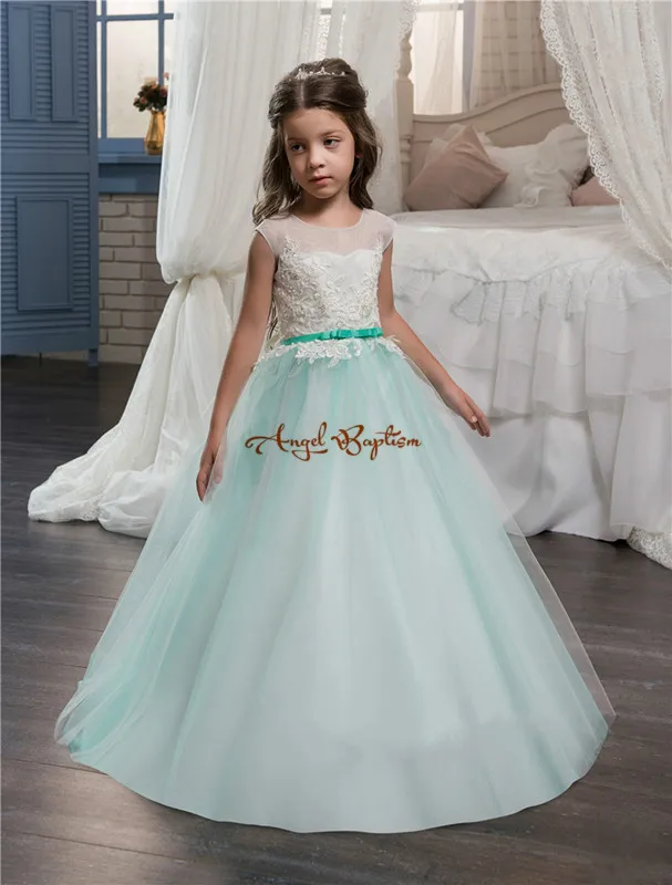 2019 verde marino y blanco niños Formal comunión vestido tripulación cuello con keyholeback cuentas bling encajes flor niña vestidos|kids formal|girls dressdress girl -