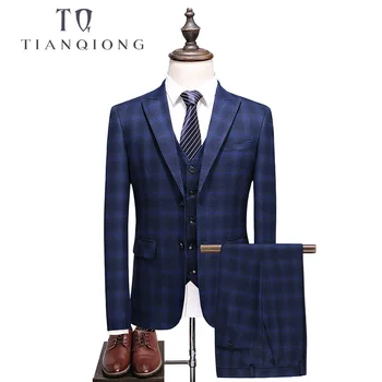 

TIAN QIONG Brand Men Suit 2018 Slim Fit Mens Plaid Suits 3 Pieces Groom Wedding Suit High Quality Men's Suits With Pants