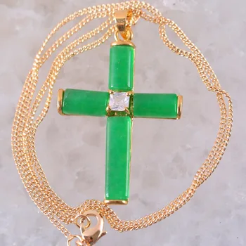 

New Free Shipping Gold Jewelry Gift for Women 26x38MM Cross Bead Natural Stone Green Jad Pendant with Chain 18inches K289
